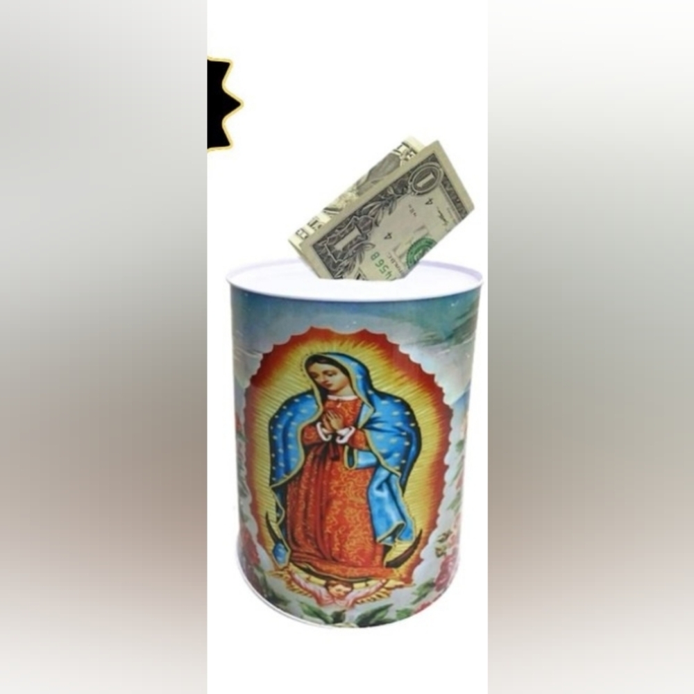 This product is a religious Virgin Mary icon money bank piggy bank made of tin.